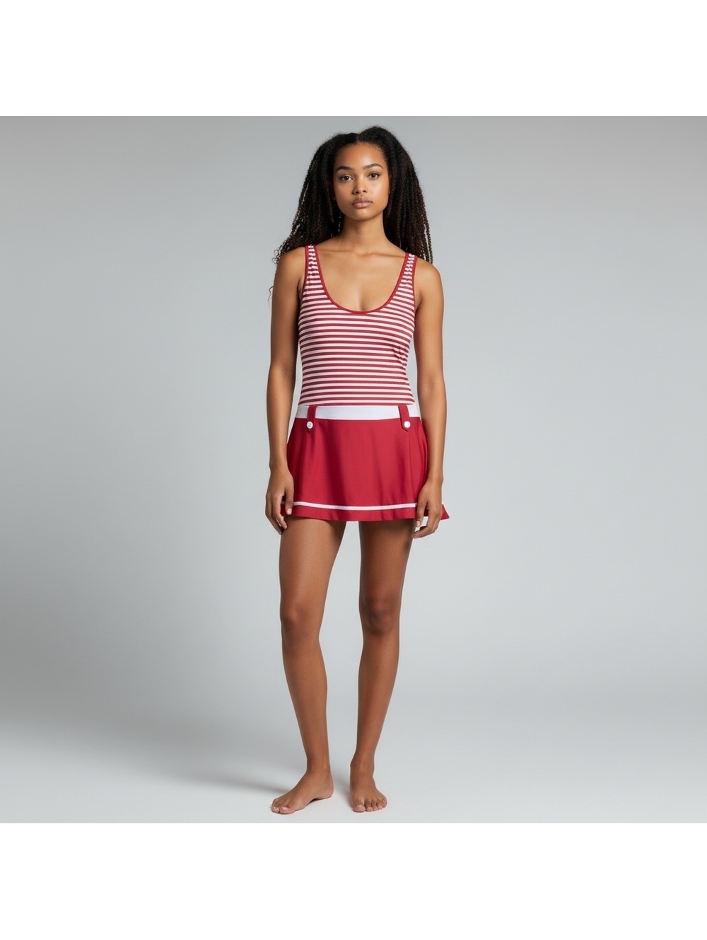 NWOT Shore Shapes One Piece Red & Gray Nautical Striped Swimdress Swimsuit, 14